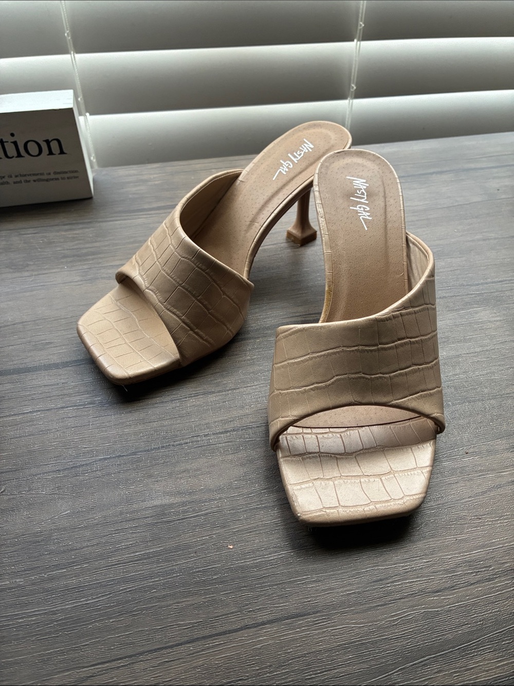 Nasty Gal Taupe Croc-Embossed Square-Toe Mule Heels